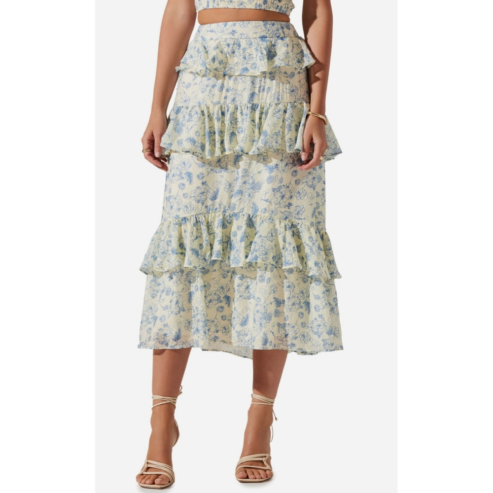 ASTR the Label Foufette Floral Print Blue and Ivory Women's Ruffle Skirt- Size S